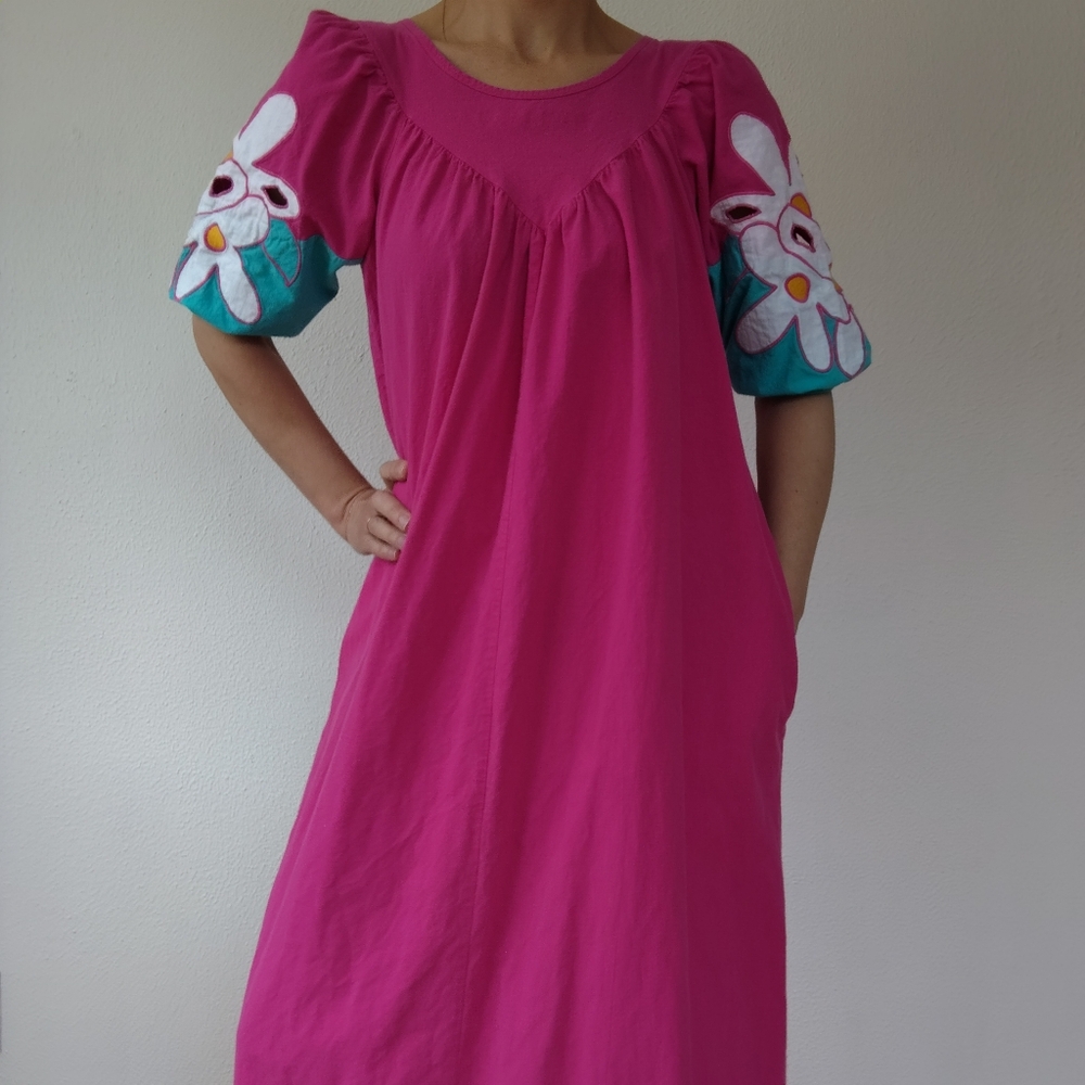 Vintage Union Made 60s 70s Cotton Floral Puff Sleeve Maxi Dress, Mumu, Mu'uMu'u